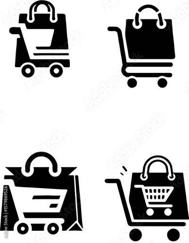 minimal shopping bag icons with wheels in black and white