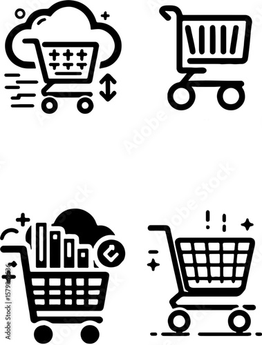 set of black and white shopping cart illustrations with clouds, plus signs, checkmarks, and dynamic symbols