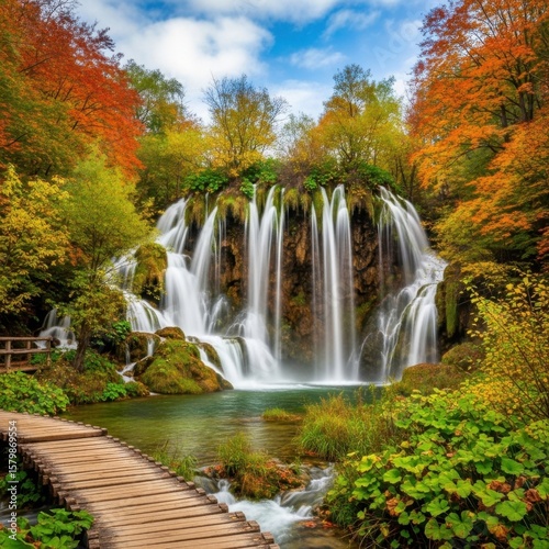 Autumn Cascade Waterfall Through Lush Forest Scenery with Wooden Bridge