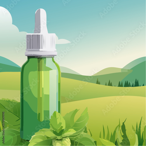 bottle of mint oil on nature background