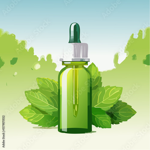 bottle of mint oil on nature background