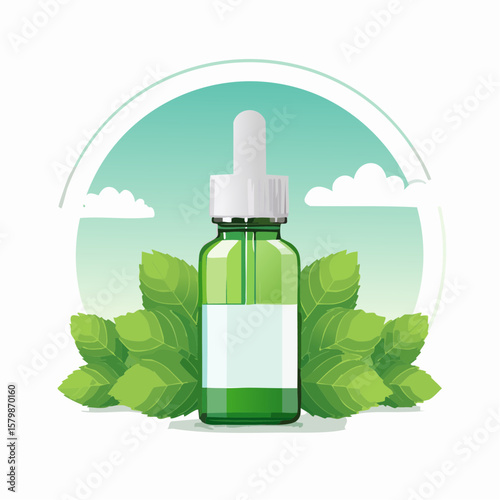 bottle of mint oil on nature background