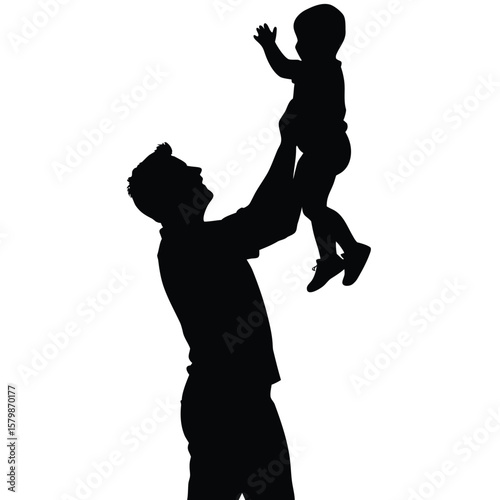 Silhouette of Father Holding Up Baby with Arm Raised in Joyful Gesture