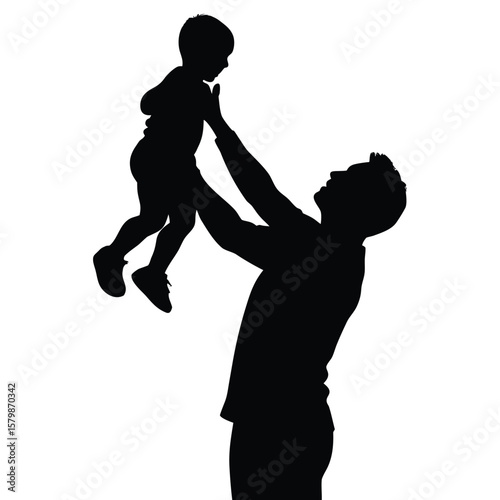 Silhouette of Father Lifting Son, Upward View, Family Bonding in Black