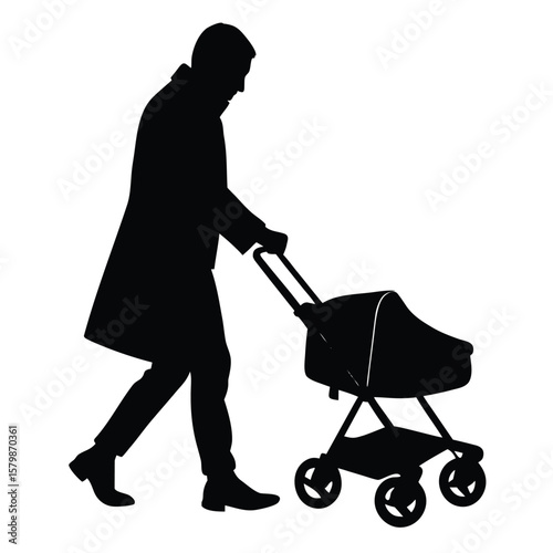 Silhouette of Man Pushing Baby Stroller Walking Outdoors on White Background Illustration