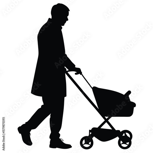 Silhouette of Man Walking with Baby Stroller in Black and White Minimalist Design