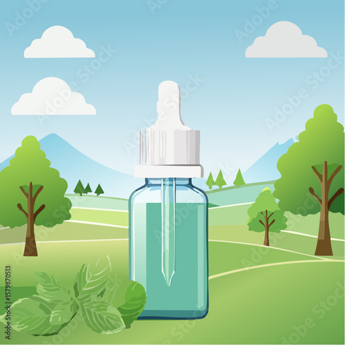 bottle of mint oil on nature background