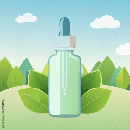 bottle of mint oil on nature background