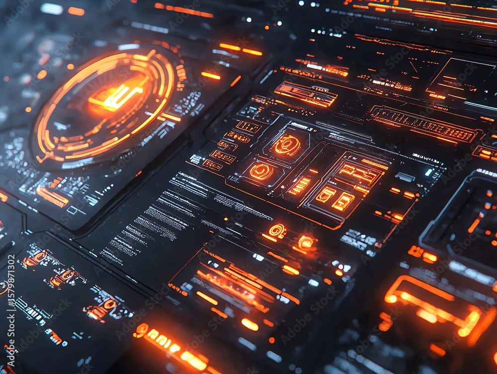 Obraz premium Futuristic Digital Interface with Glowing Orange and Blue Elements in High Tech Environment