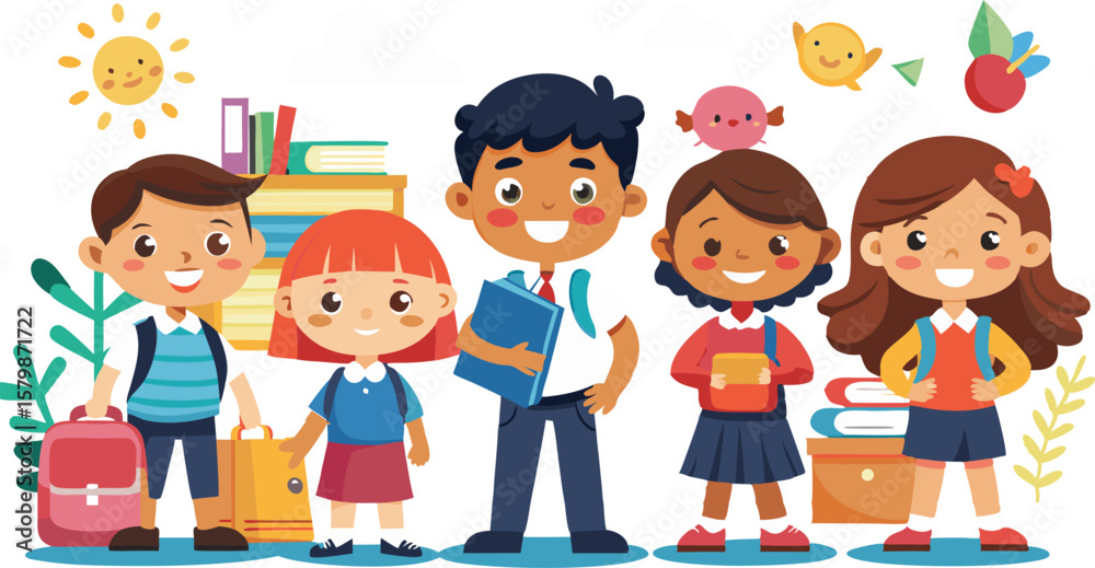 An illustration featuring diverse school children, often depicted in playful or educational scenarios, symbolizing learning, friendship, and childhood An illustration featuring diverse school children, often depicted in playful or educational scenarios, symbolizing learning, friendship, and childhood