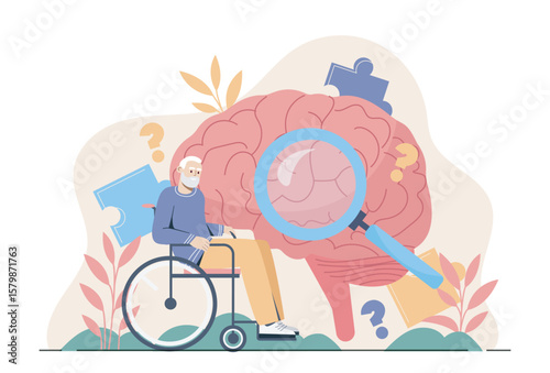An elderly man in a wheelchair sits beside a large brain with puzzle pieces and question marks, magnifying glass over brain. Concept of memory loss and dementia. Flat cartoon vector illustration