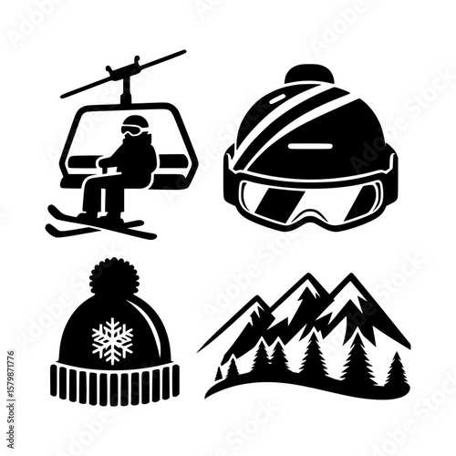 Winter sports icons featuring ski lift helmet beanie and mountains