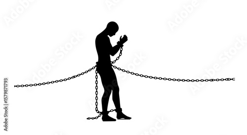Vector art of a silhouette of a man bound by chains, standing in captivity isolated on transparent background
