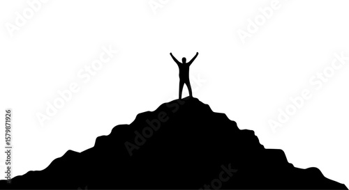 Vector art of silhouette of a man celebrating on a mountain peak isolated on transparent background