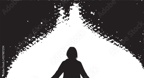 Vector art of a persons silhouette stands in a bright light isolated on transparent background