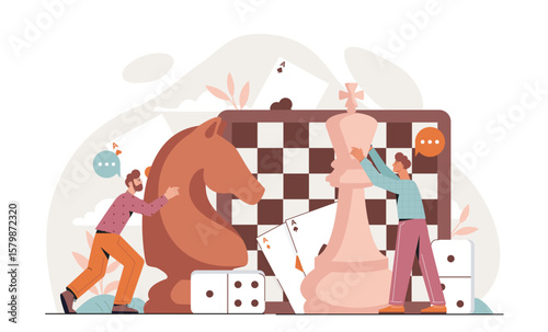 Two men push oversized chess pieces on a large board, surrounded by playing cards and dice on a light abstract background. Concept of strategy and competition. Vector illustration