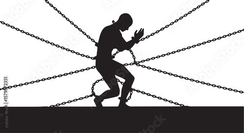Vector art of a silhouette of a chained man struggling against multiple restraints isolated on transparent background