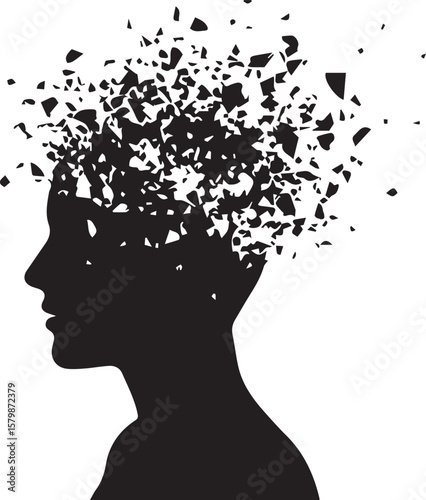 Vector art of a silhouette of a head exploding into countless fragments isolated on transparent background
