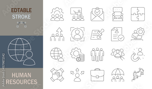 Human Resources icon set. Editable stroke. Vector illustration.