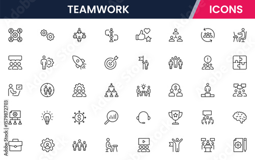 Teamwork vector web line icon collection, sleek illustrations of collaboration, groups, handshakes, unity for dynamic, cooperative designs.