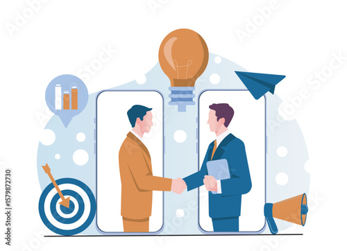 Two businessmen shaking hands through smartphone screens, flat graphic style, on a light abstract background with icons. Concept of online business deal. Vector illustration