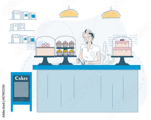 A woman stands behind a bakery counter with cakes and cupcakes on display, in a clean flat design style, on a white background. Concept of pastry business. Vector illustration