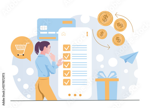 A woman interacts with a checklist on a smartphone screen, surrounded by money, credit card, shopping cart, and gift icons on a light abstract background. Vector illustration