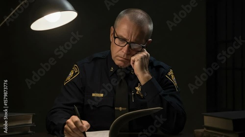 Tired police officer writing a report at his desk. Middle-aged law enforcement professional working late at night in a dark office. Man in uniform doing paperwork under a lamp.