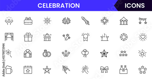 Celebration vector web line icon collection, sleek illustrations of balloons, confetti, cakes, gifts for vibrant, festive event designs.