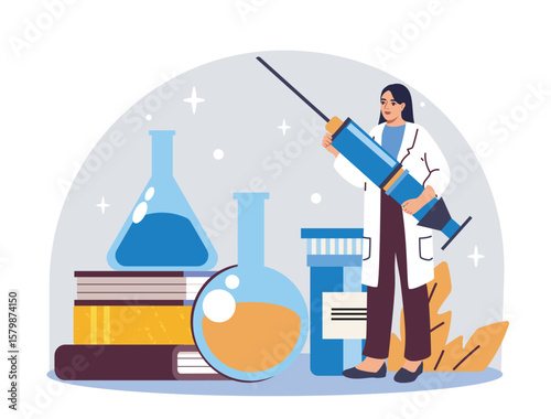 Female scientist in lab coat holding oversized syringe near flasks, books, and medicine bottles in flat style on light background. Concept of medical research. Vector illustration