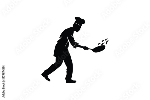 Chef Cooking with Frying Pan and Flames in a Dynamic Pose Presented in a Striking Silhouette