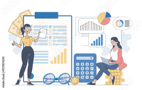 Two women working with financial documents, charts, and calculator in a modern flat style on white background. Concept of business planning and data analysis. Vector illustration