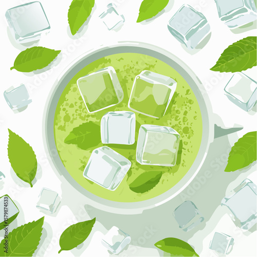abstract iced matcha green tea background with ice cubes