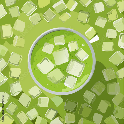 abstract iced matcha green tea background with ice cubes