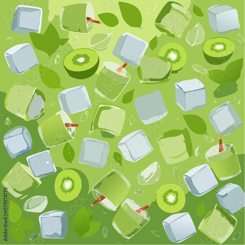 abstract iced matcha green tea background with ice cubes