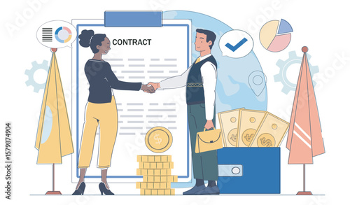 Two businesspeople shaking hands in front of a large contract document, with money, charts, and flags in the background. Concept of successful partnership. Vector illustration