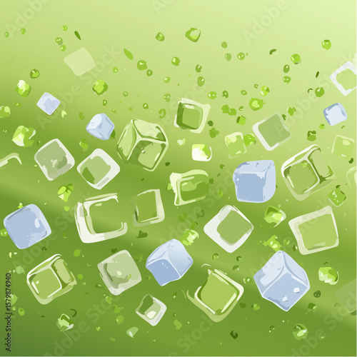 abstract iced matcha green tea background with ice cubes