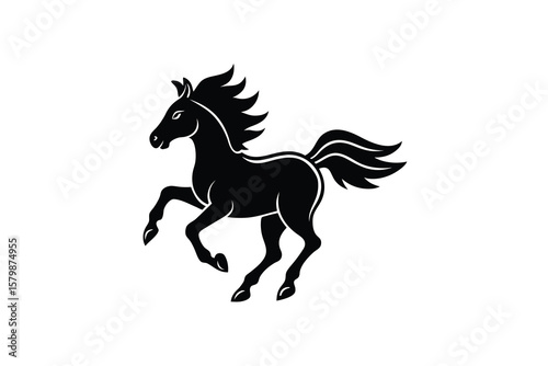 Elegant Black Horse Prancing Gracefully with Flowing Mane and Tail in a Striking Silhouette Style silhouette