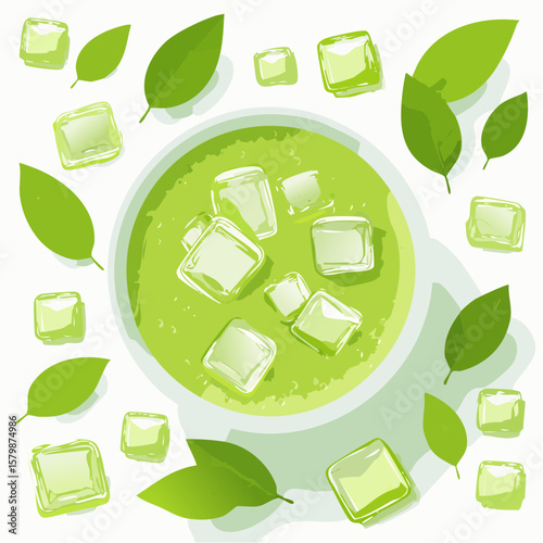 abstract iced matcha green tea background with ice cubes