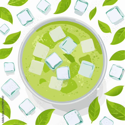 abstract iced matcha green tea background with ice cubes