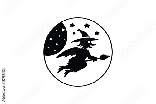 Whimsical Witch Flying on Broomstick with Moon and Stars Halloween Vector Illustration silhouette