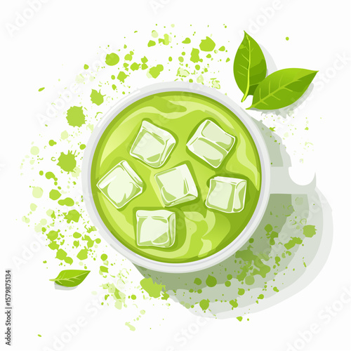 abstract iced matcha green tea background with ice cubes