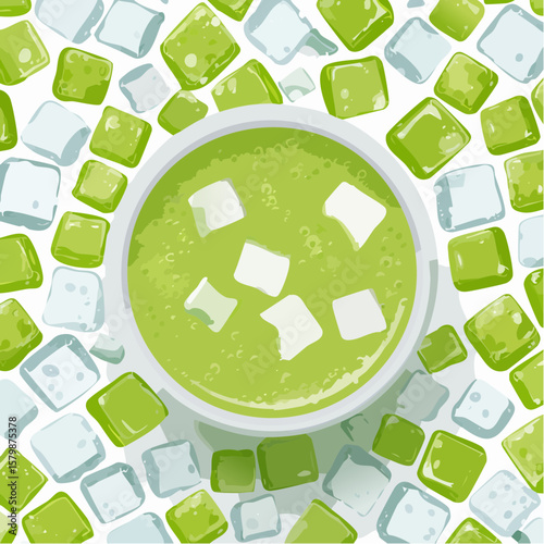 abstract iced matcha green tea background with ice cubes