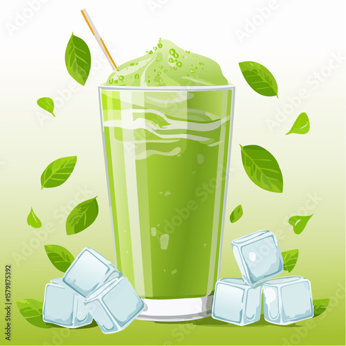 abstract iced matcha green tea background with ice cubes