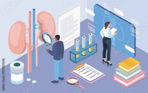 Illustration showing two researchers analyzing kidneys, urine samples, and data in a lab with digital screens and medical charts. Vector illustration