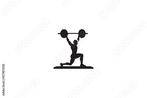 Weightlifter in Lunge Position Lifting Barbell Overhead Strength Training Exercise Black and White Silhouette
