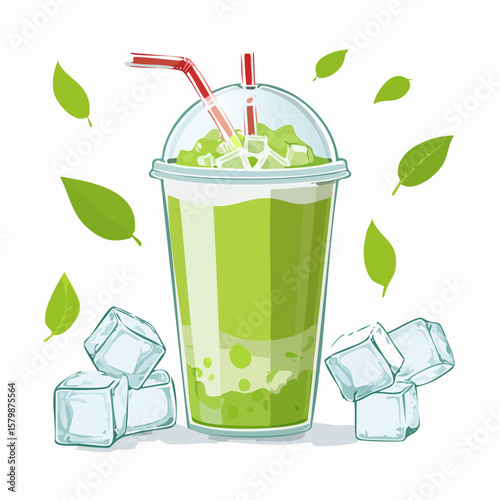 abstract iced matcha green tea background with ice cubes