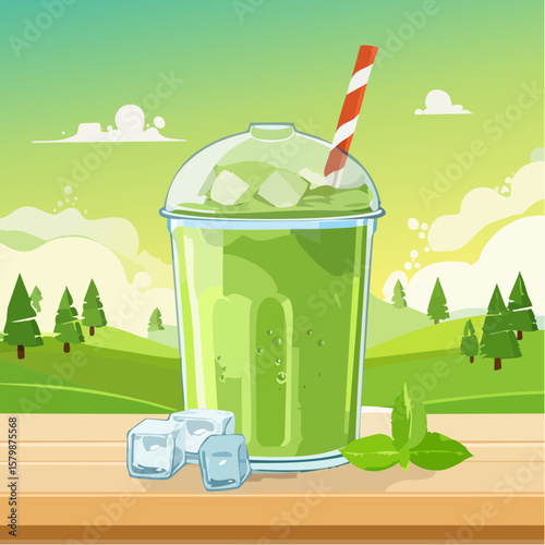 abstract iced matcha green tea background with ice cubes