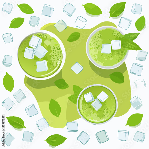 abstract iced matcha green tea background with ice cubes