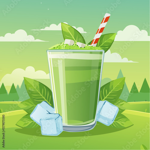 abstract iced matcha green tea background with ice cubes